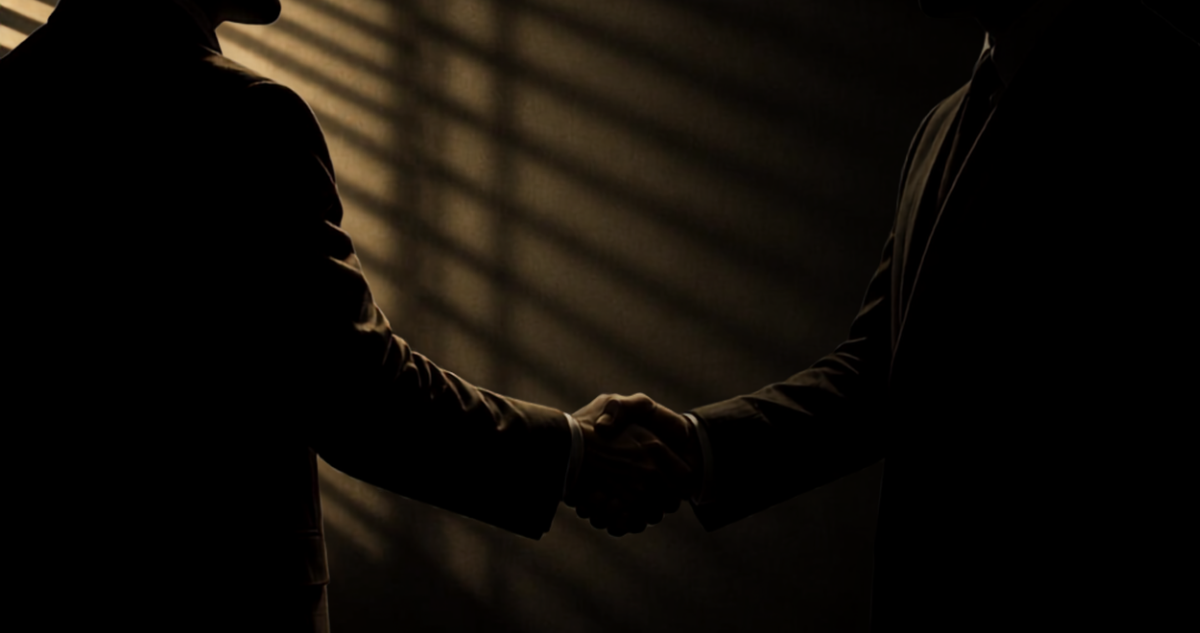 Imagen de contexto de dos hombres llegando a un acuerdo en las sombras.