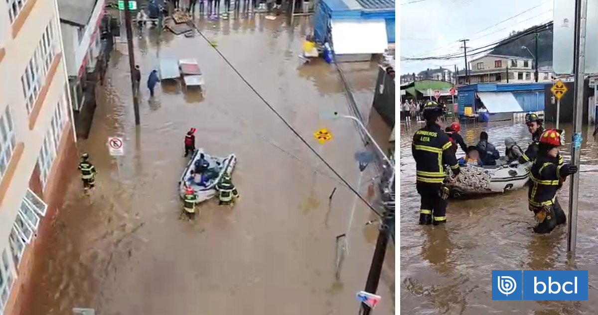 VIDEOS | Bomberos evacúan en bote a escolares tras inundación por intensas lluvias en Lota