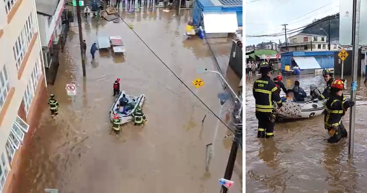 VIDEOS | Bomberos evacúan en bote a escolares tras inundación por intensas lluvias en Lota