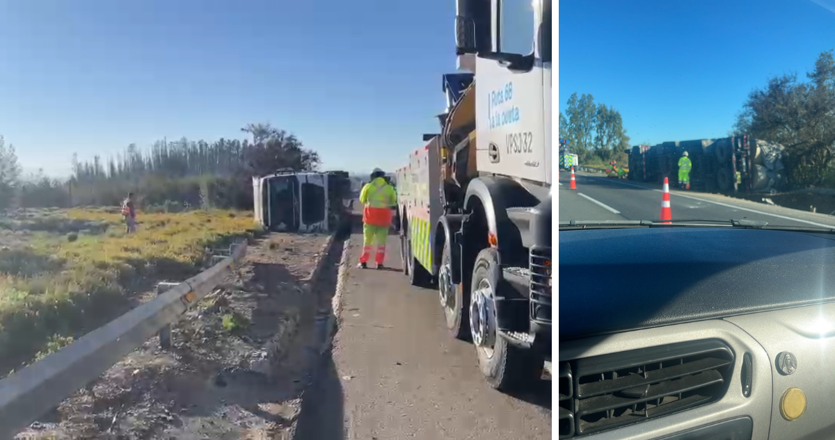 Camión termina volcado en límite entre Valparaíso y Casablanca en plena Ruta 68