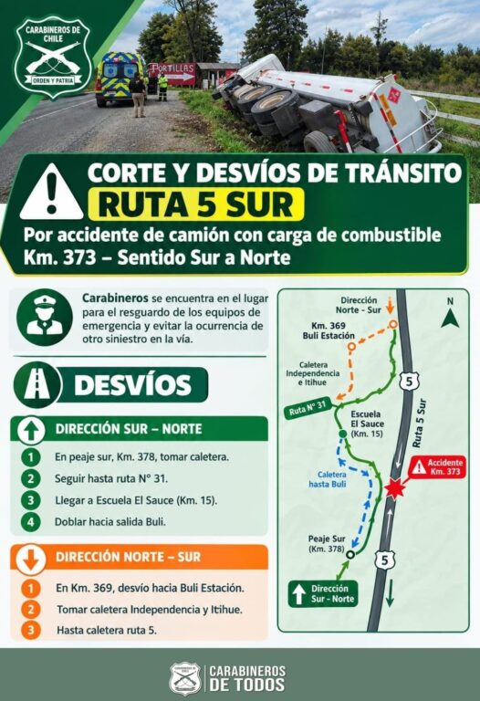 Desvios de tránsito por accidente en Ruta 5 Sur | Carabineros de Chile