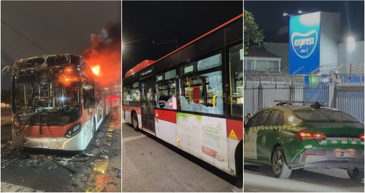 Un bus quemado, otro atacado y un intento de saqueo a supermercado deja noche del 18 de octubre en RM