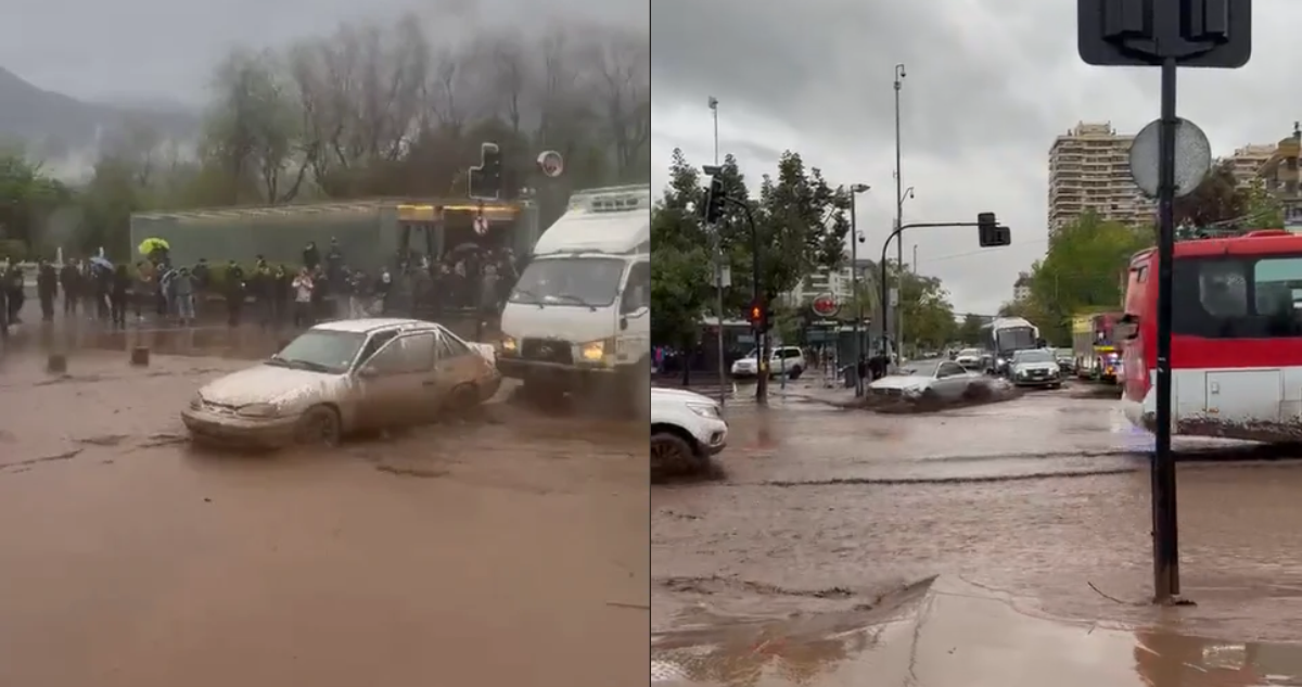 VIDEO | Paso de aluvión afuera de estación de Metro Los Dominicos en Las Condes obliga a su cierre