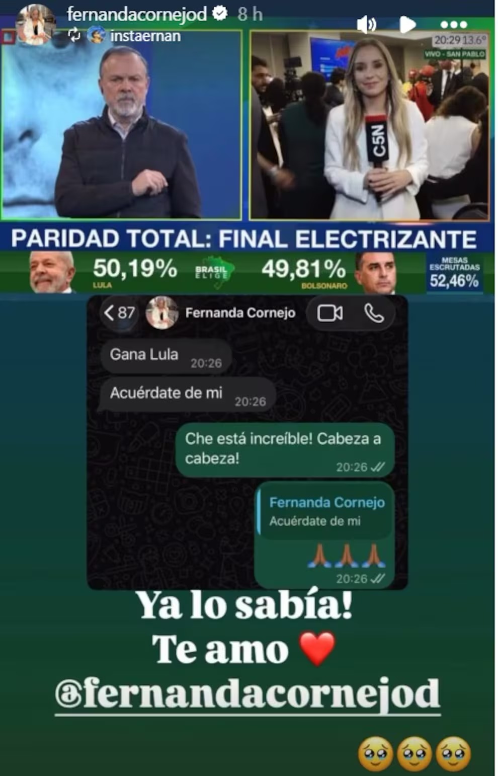 Fernanda Cornejo Doggenweiler vatició el triunfo de Lula en Brasil y compartió foto con el mandatario
