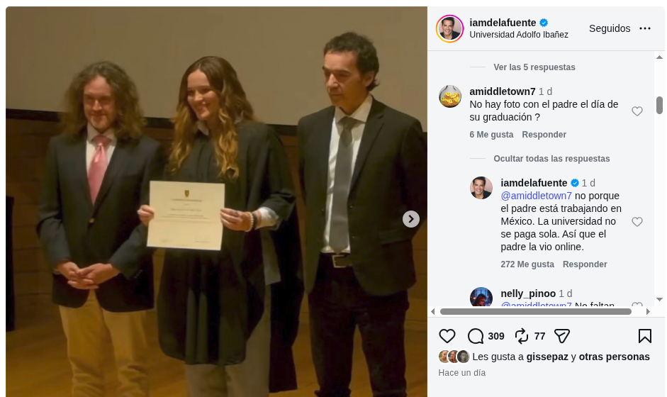 Comentario de Cristián de la Fuente a usuario en Instagram