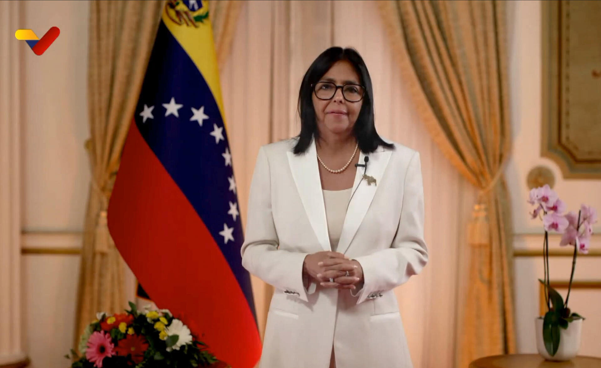 La presidenta encargada de Venezuela, Delcy Rodríguez, durante su mensaje de este jueves