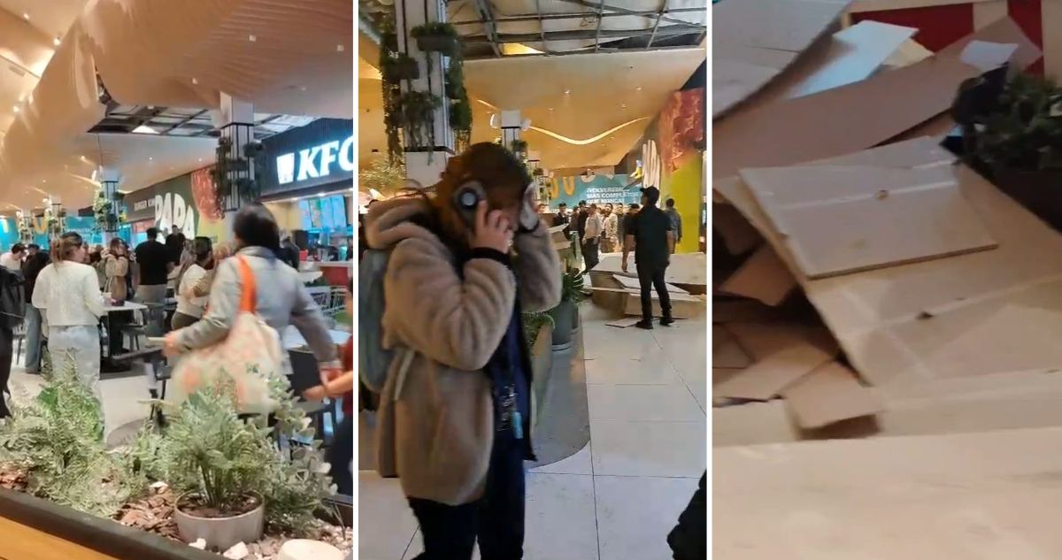 VIDEOS | Revestimiento de techo del Patio de Comidas del Mallplaza Oeste cae sobre guardia