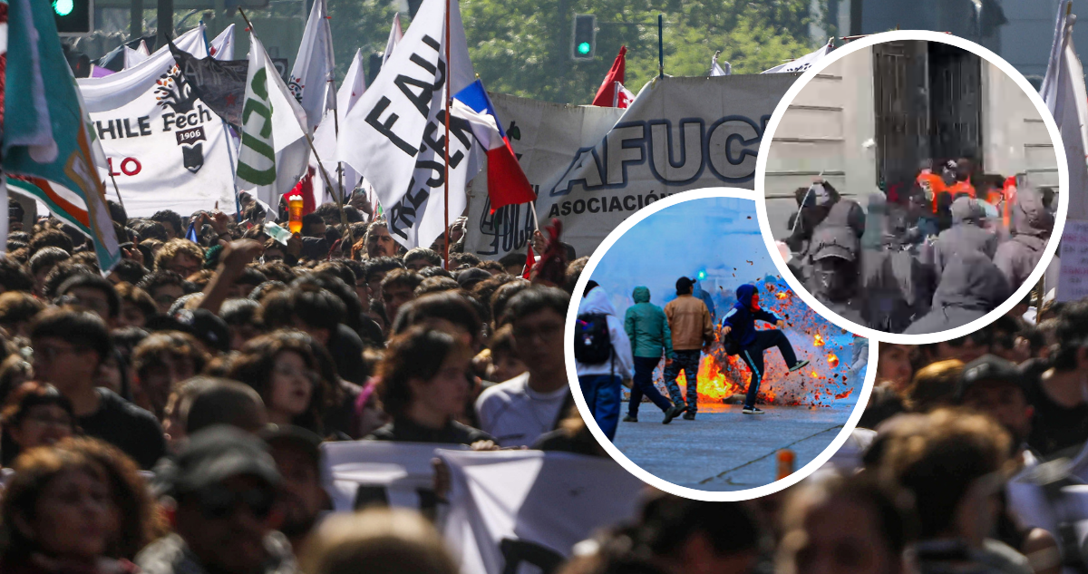 Manifestación convocada por Confech. Imágenes de violencia contra estudiantes de la UC durante manifestación. Y foto de barricadas.