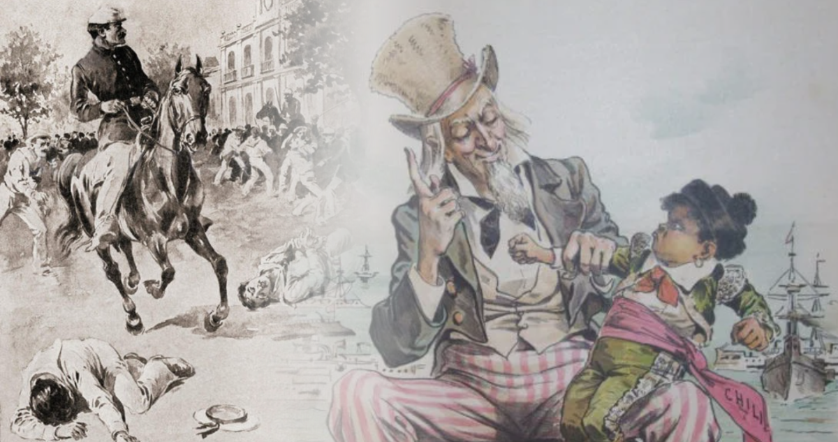 Ilustración del incidente ocurrido en Valparaíso | Caricatura en donde el tío Sam amedrenta con castigar a un pequeño Chile, publicada en la revista Puck en enero de 1892