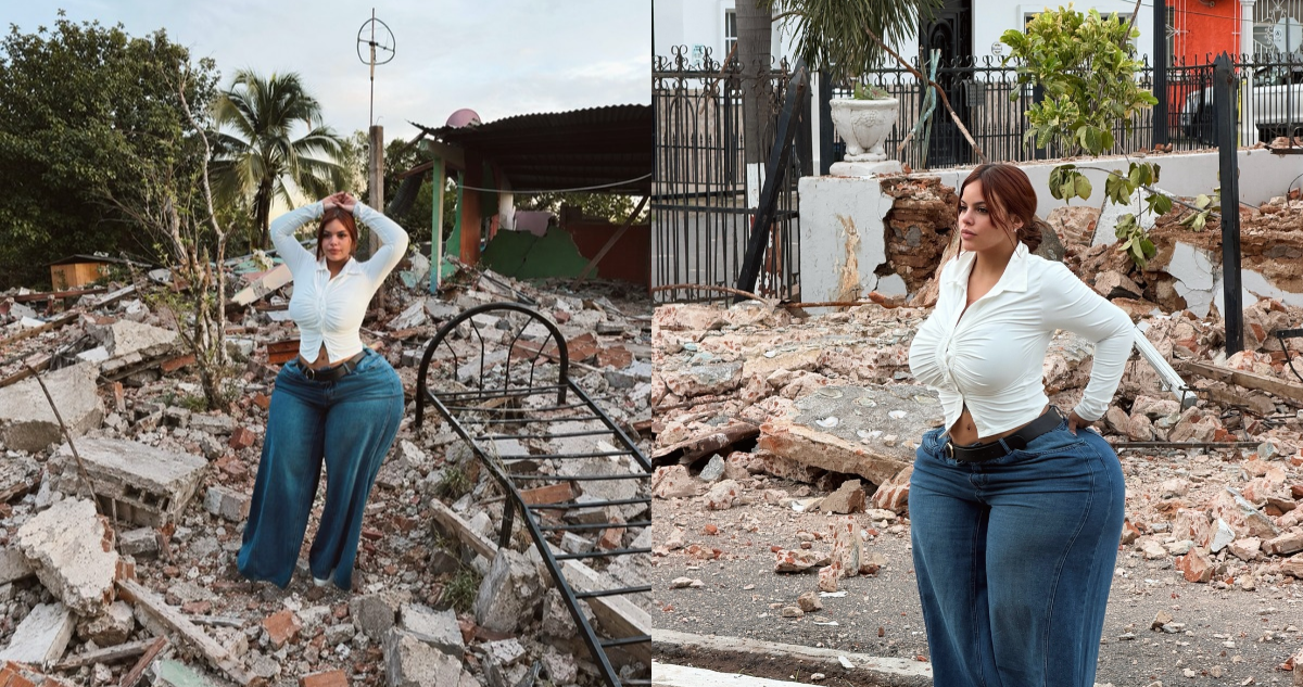 Influencer posando en escombros de terremoto en Panamá
