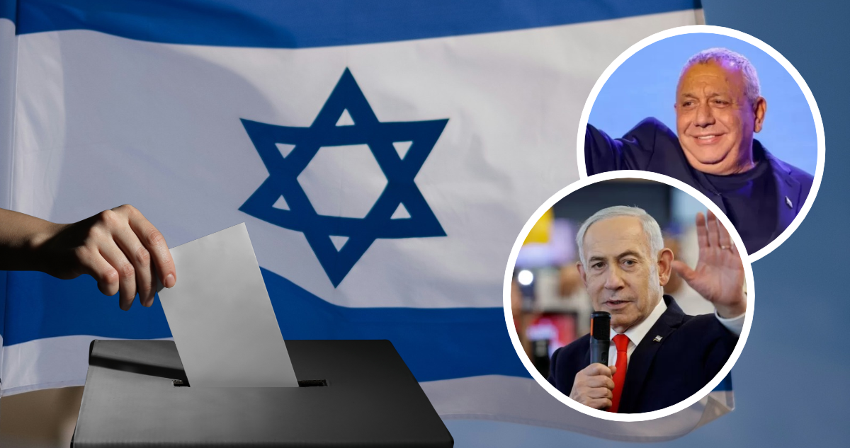 Bandera de Israel, urna de votos, Benjamín Netanyahu y Gadi Eisenkot.