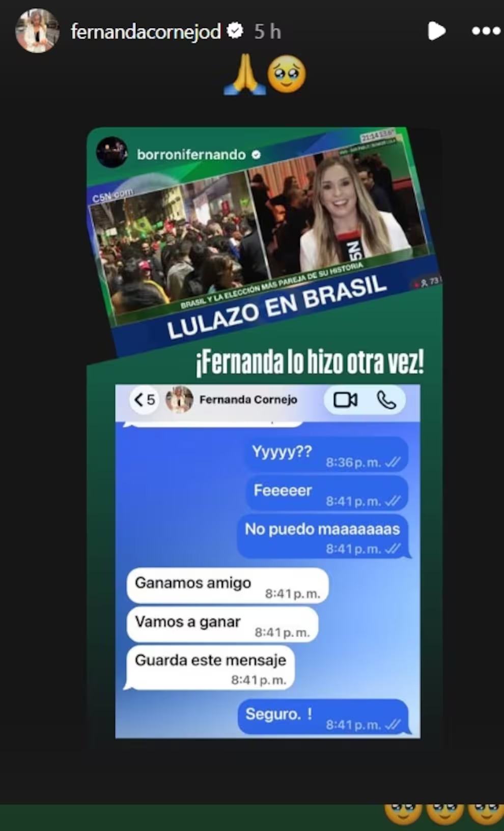 Fernanda Cornejo Doggenweiler vatició el triunfo de Lula en Brasil y compartió foto con el mandatario