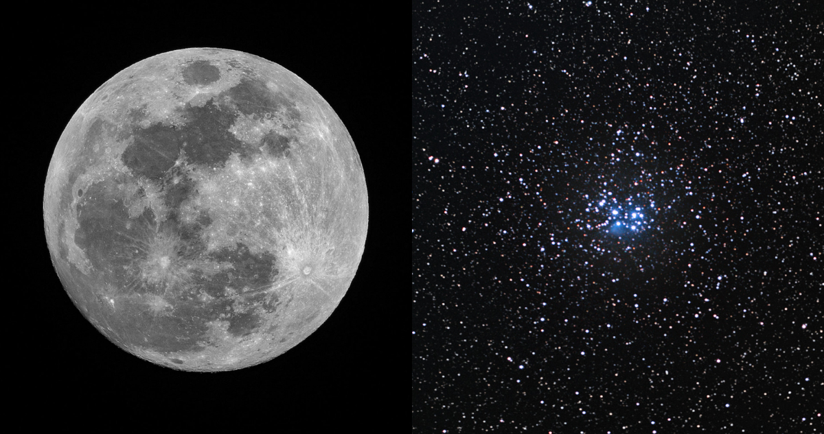 Foto de la Luna llena y el cúmulo estelar Pléyades