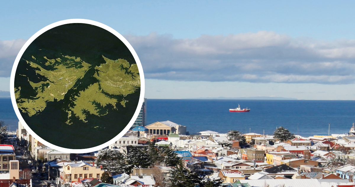 Punta Arenas y mapa de las Islas Falklands/Malvinas.