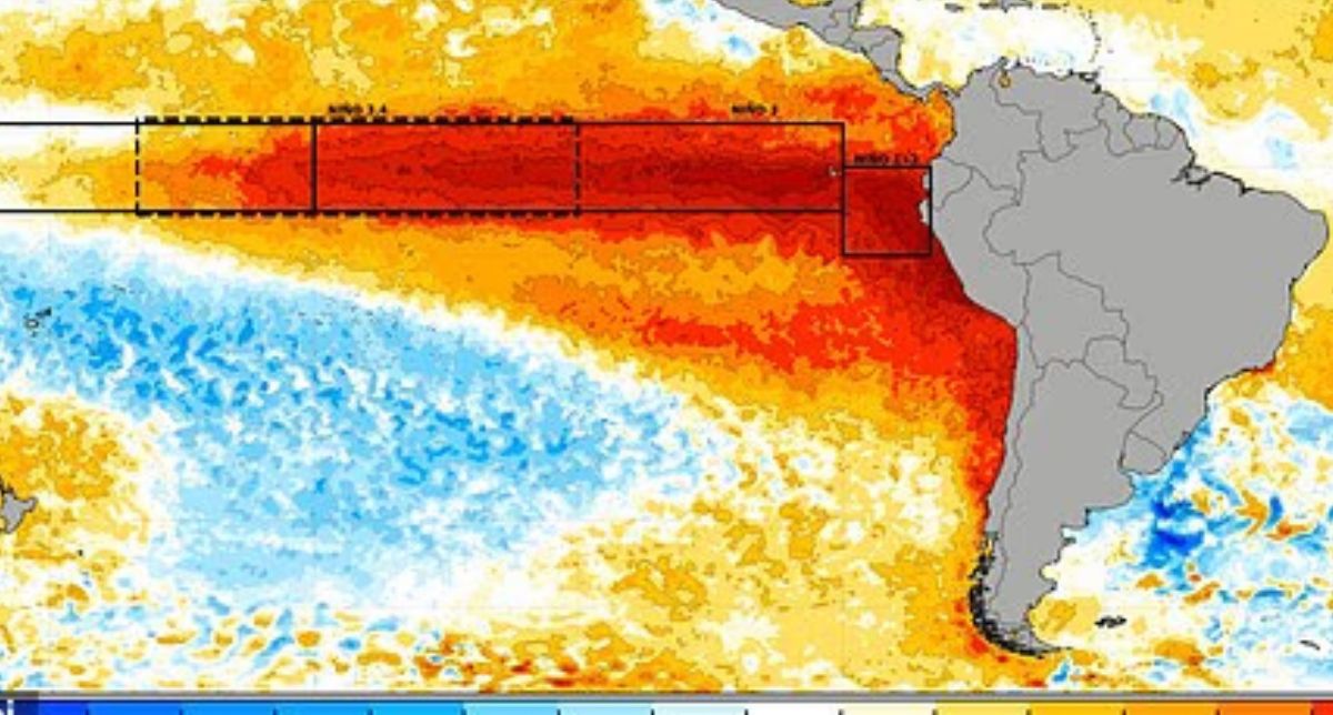 Mapa meteorológico alerta que ola caliente kilométrica del Super Niño llegó al territorio chileno