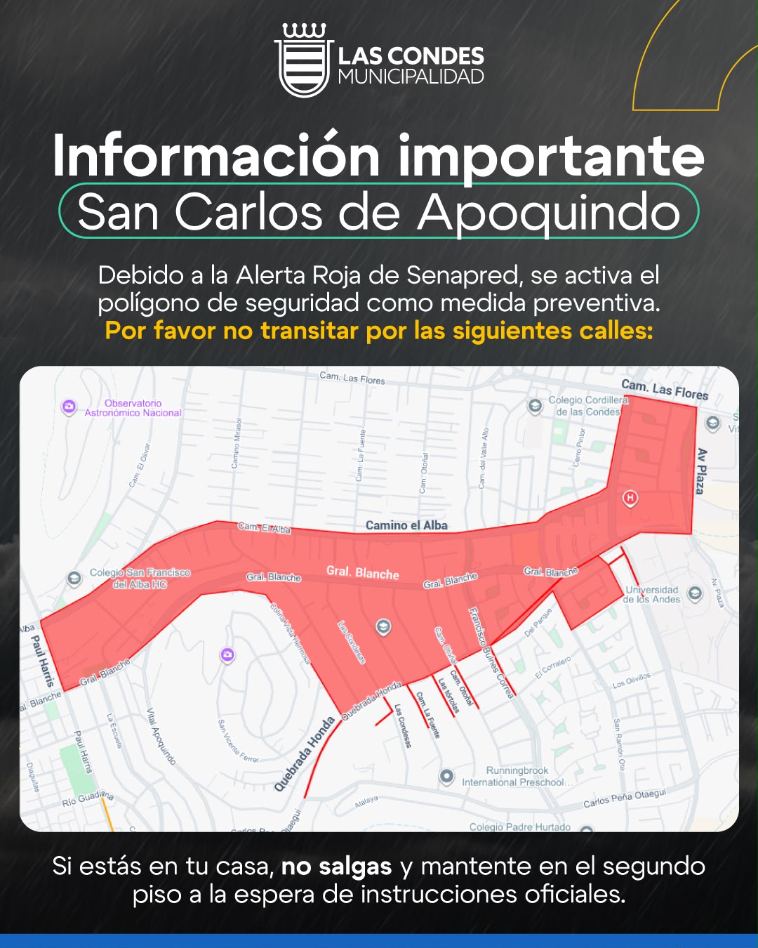 Emiten alerta SAE en Las Condes y Lo Barnechea ante Alerta Roja por posibles remociones en masa