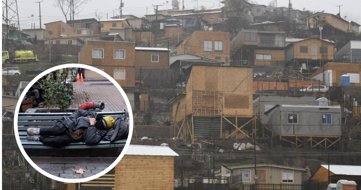 Viviendas de emergencia tras catástrofe. Y persona en situación de pobreza severa.