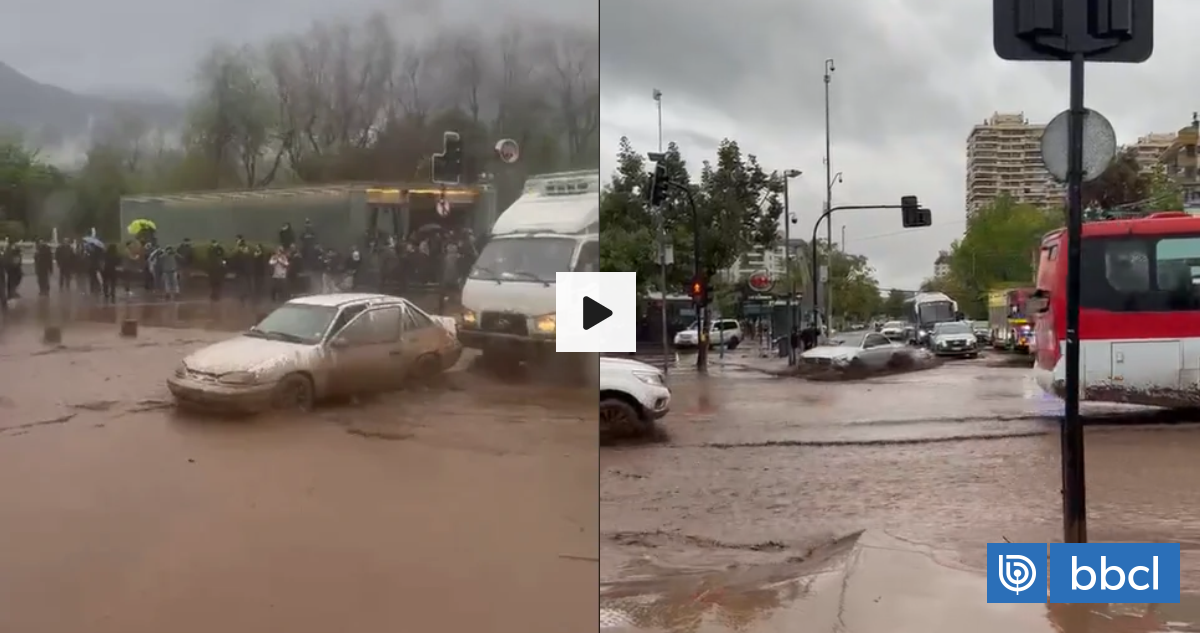 VIDEO | Paso de aluvión afuera de estación de Metro Los Dominicos en Las Condes obliga a su cierre