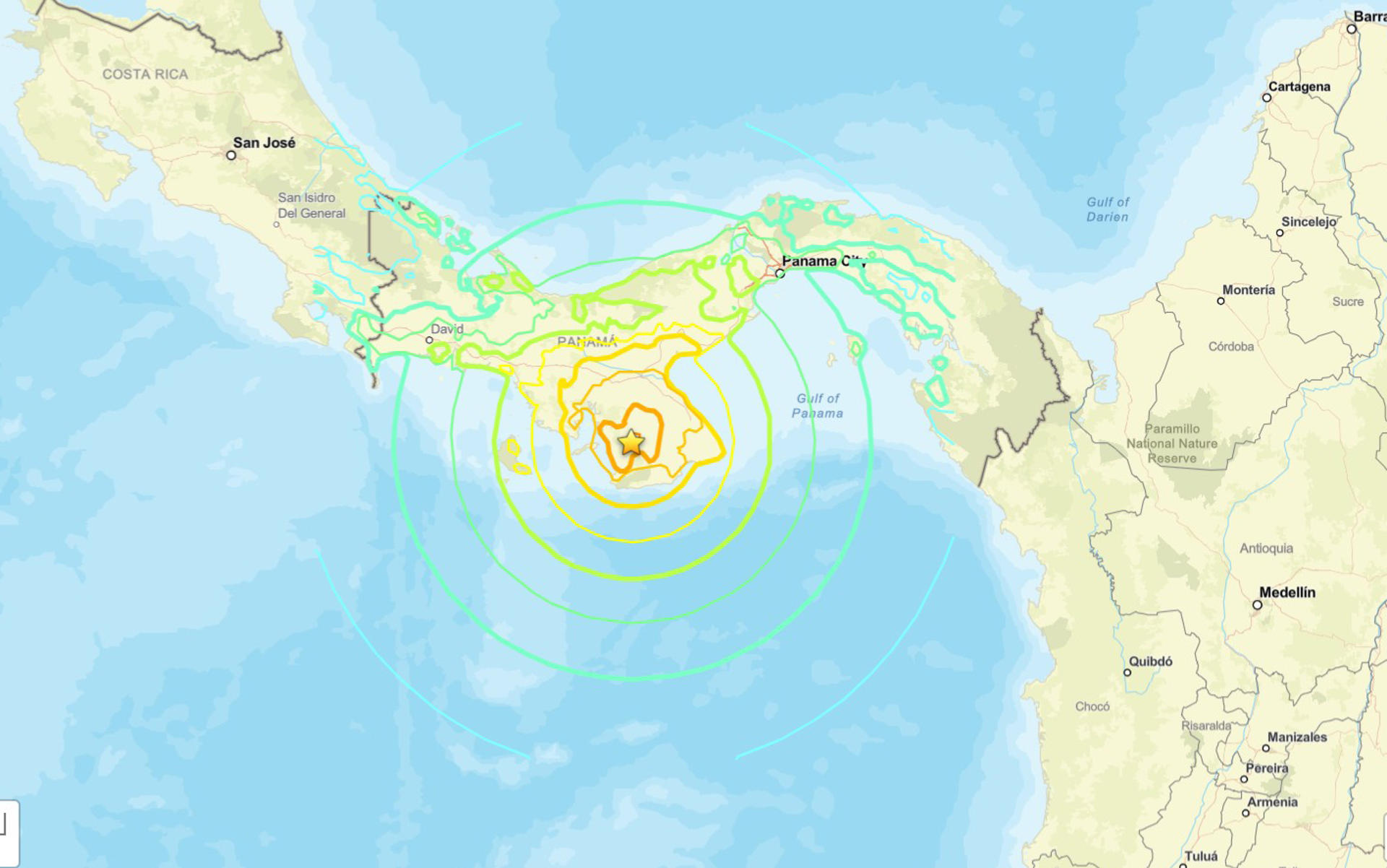 Imagen difundida por el Servicio Geológico de Estados Unidos (USGS) del epicentro del terremoto 7,7 en Panamá