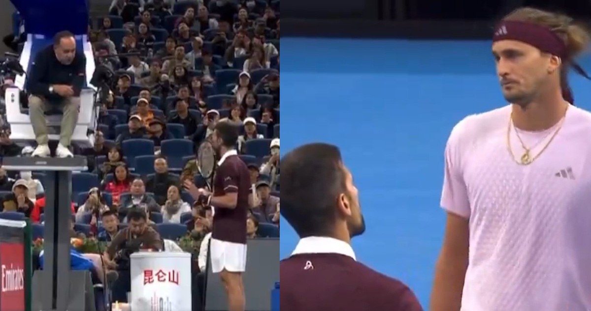 Zverev vs Djokovic durante reclamo en Pekín